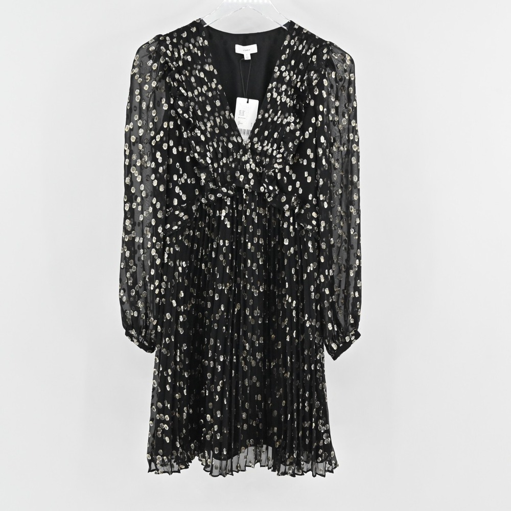 A LOVES A Metallic Dress Size S Black Gold Dot Silk Blend VNeck Accordion NEW - Picture 2 of 14